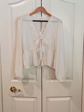 Bailey 44 Cream Embroidered Tie-Front Peplum Blouse